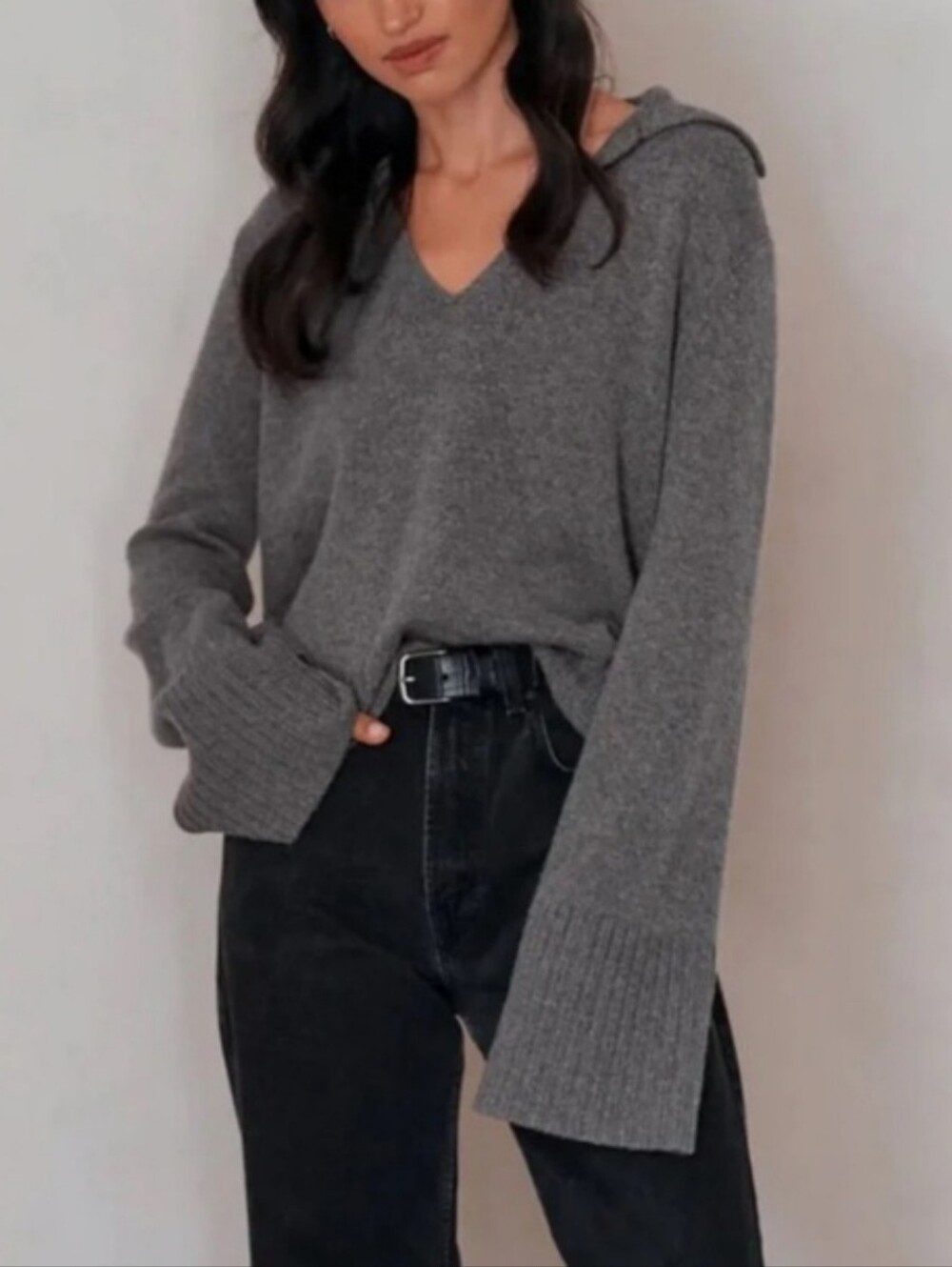 Jenni Kayne Frances Polo Cashmere Sweater Gray Thunder V-Neck Collar Size Large